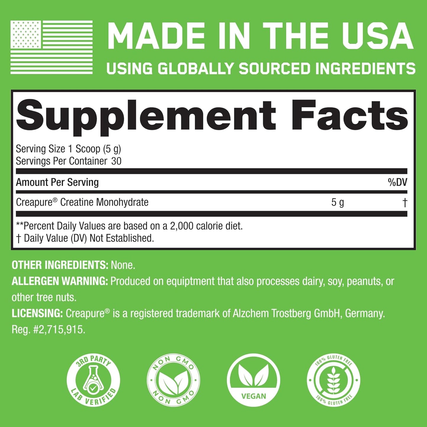Creapure Creatine Monohydrate Powder - German Creatine Powder for Men & Women - Gym Workout Nutritional Supplements for Muscle Gain, Brain Health & Strength Building, 5G per Serv, 30 Servings