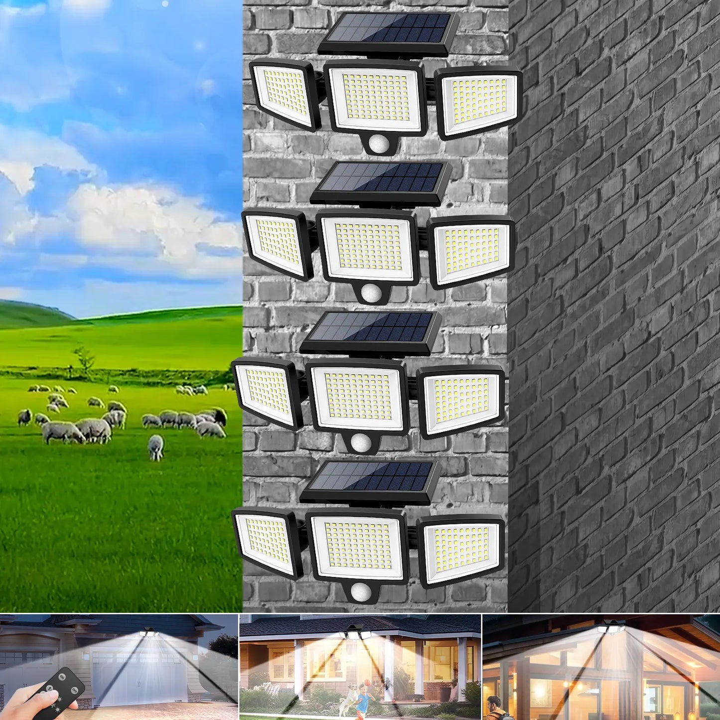 Tuffenough Solar Outdoor Lights 2500LM 210LED Security Lights,3 Heads Dimmable Spotlights with 3 Modes,Ip65 Waterproof,Suitable for Yard, Garage, Porch,Patio, Garden,Farm,Chicken Coop, Barn,Horse Stable,Pool,Father'S Day Gift