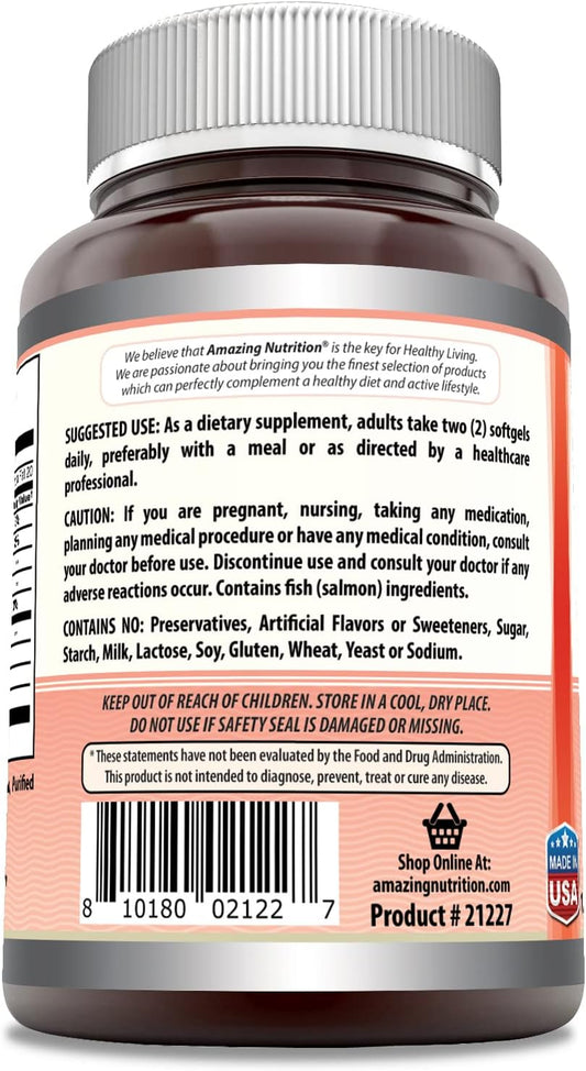 Amazing Omega Wild Alaskan Salmon Oil Supplement | 2000 Mg per Serving | 180 Softgels | Non-Gmo | Gluten-Free | Made in USA