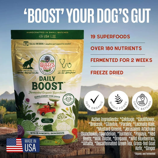 Daily Boost- Fermented Organic Superfood Reset & Reboot Dog Gut Health- Human Grade Pre & Probiotic Digestive Supplement- USA Made Small Batch 19 Ingredient Formula- Reset Phase (3 Oz)
