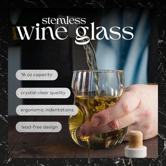Stemless Wine Glasses - 16 Oz Clear Short Wine Glasses Set of 2 with Finger Indentations - Aerates Naturally