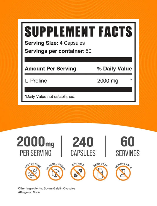 Bulksupplements L-Proline Capsules - Proline Supplement, Amino Acid Supplement - 4 Capsules per Serving (2000Mg), 240 Count