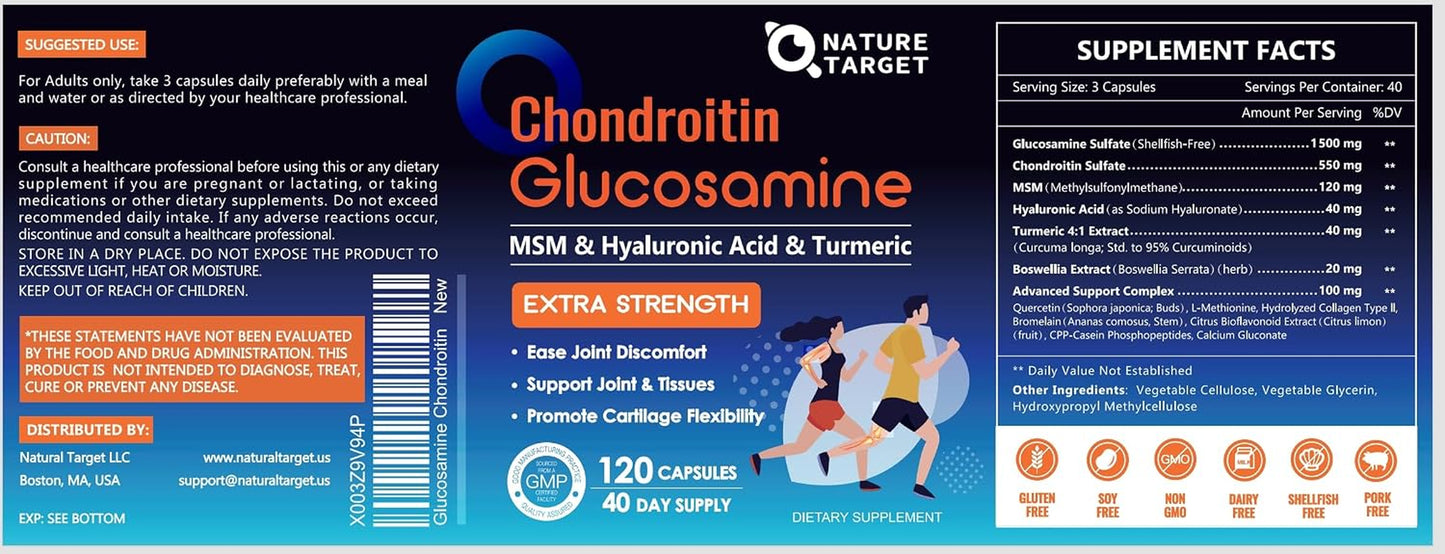 Glucosamine Chondroitin MSM, Joint Support Supplement, Shellfish Free, Turmeric Boswellia, Hyaluronic Acid, Collagen, Calium for Cartilage and Bone Health,120 Capsules, 40 Servings