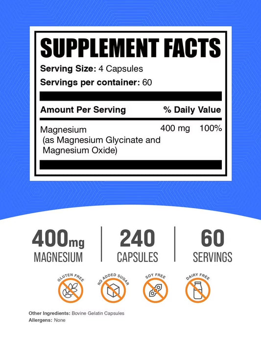Bulksupplements Magnesium Glycinate Capsules - Easily Absorbed, Magnesium Supplement, 4 Capsules per Serving (400Mg Magnesium), 240 Count