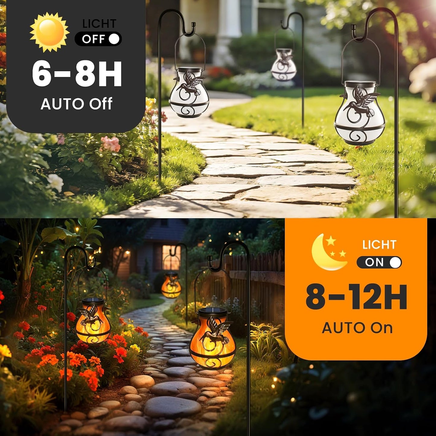 2 Pack Solar Lanterns Outdoor Waterproof Flickering Flame Light Hummingbird Hanging Solar Powered Lantern for Yard Patio Porch Outdoor Garden Decor，Gifts for Women and Moms