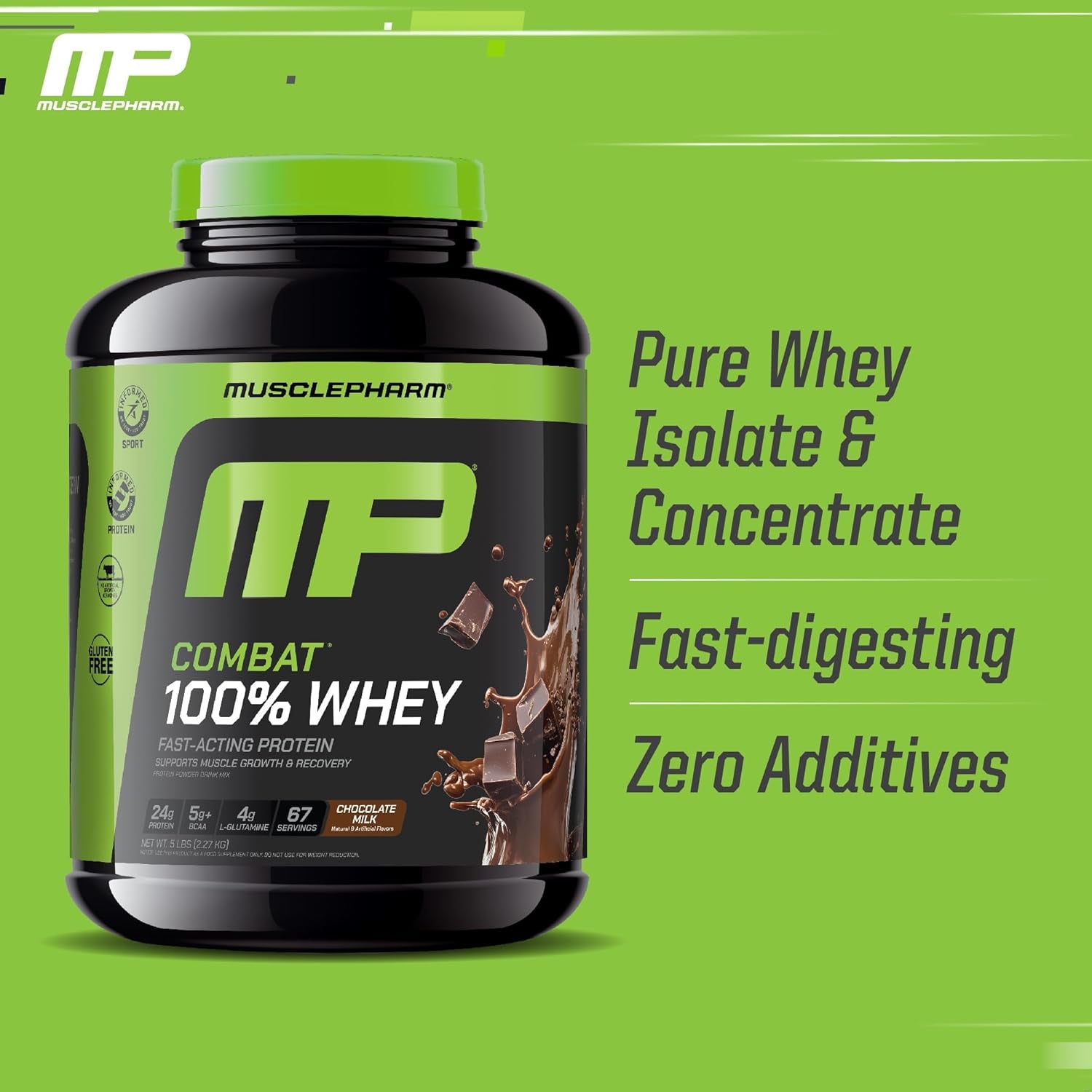 Musclepharm Combat 100% Whey Protein Powder, Chocolate Milk, Fast Recovery & Muscle Gain with Whey Isolate, High Protein Powder for Women & Men, Gluten Free, 5Lb, 67 Servings