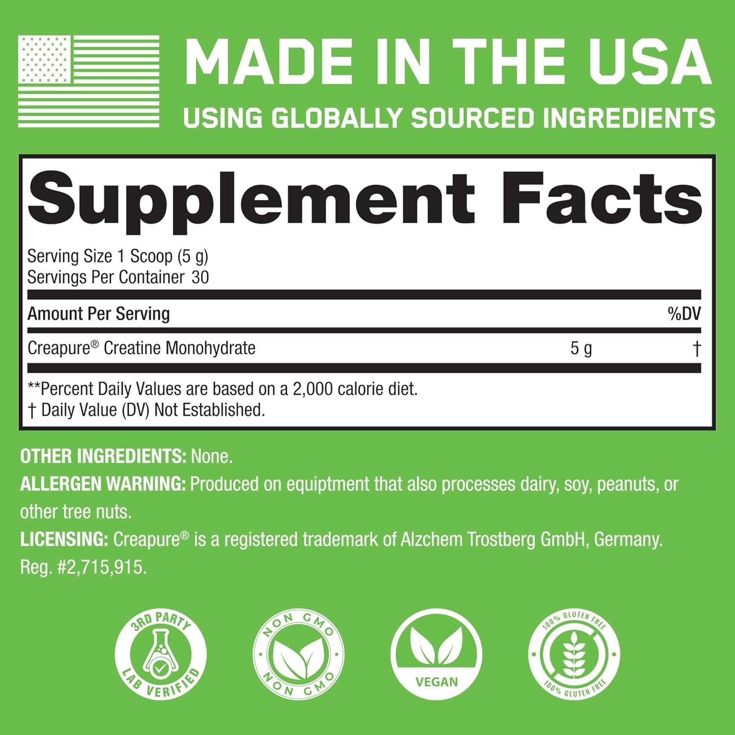 Creapure Creatine Monohydrate Powder - German Creatine Powder for Men & Women - Gym Workout Nutritional Supplements for Muscle Gain, Brain Health & Strength Building, 5G per Serv, 30 Servings