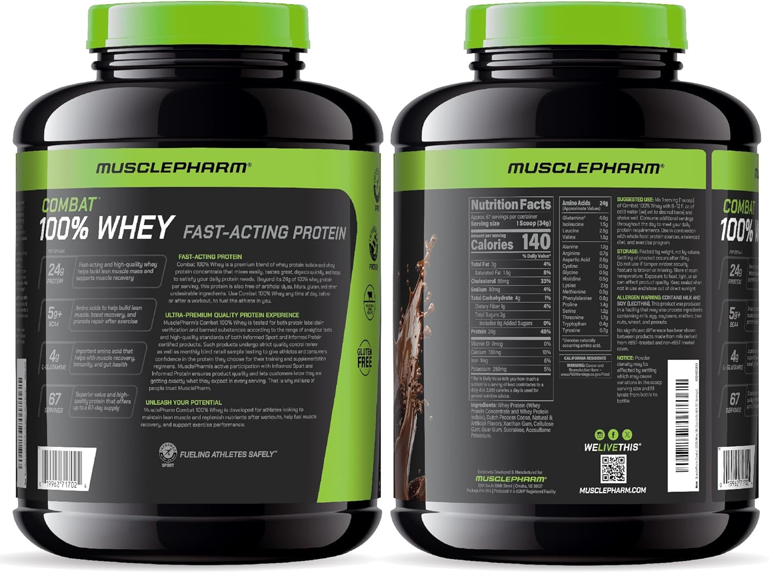 Musclepharm Combat 100% Whey Protein Powder, Chocolate Milk, Fast Recovery & Muscle Gain with Whey Isolate, High Protein Powder for Women & Men, Gluten Free, 5Lb, 67 Servings