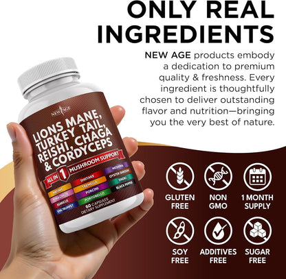 Lions Mane Mushroom Supplement with Turkey Tail Reishi Cordyceps Chaga with Marshmallow Root - 120 Count