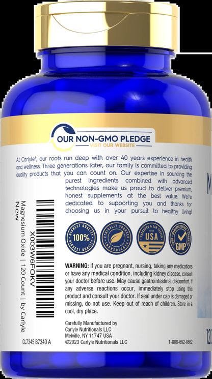 Magnesium Oxide 500Mg | 120 Quick Release Capsules | Non-Gmo and Gluten Free Supplement | by