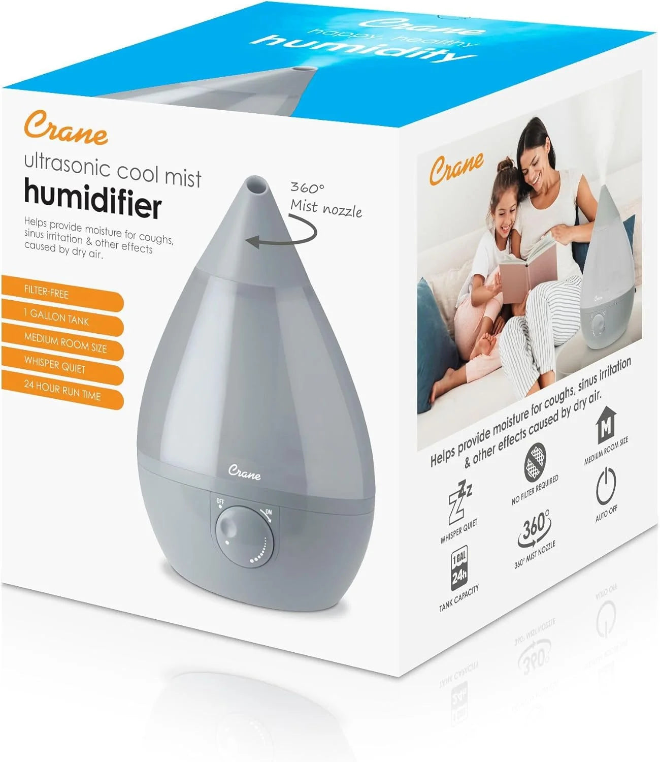 Crane Ultrasonic Teardrop Cool Mist Humidifier, Large 1 Gal Tank, Automatic Shut-Off, Baby Humidifiers for Nursery and Bedroom, Grey