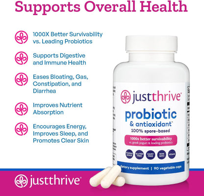 Probiotic & Antioxidant Supplement - 100% Spore-Based Digestive and Immune Support - Gluten Free, 90 Caps