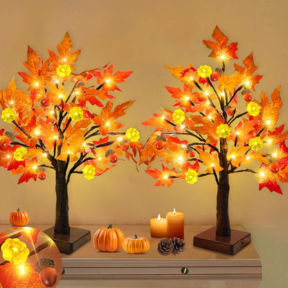 Fall Decor 2 Pack 18 Inch Prelit Fall Maple Tree Fall Decorations for Home with 48 Leds Timer Battery Operated Pumpkin Lights Lighted Thanksgiving Halloween Decor Table Mantle Indoor Outdoor