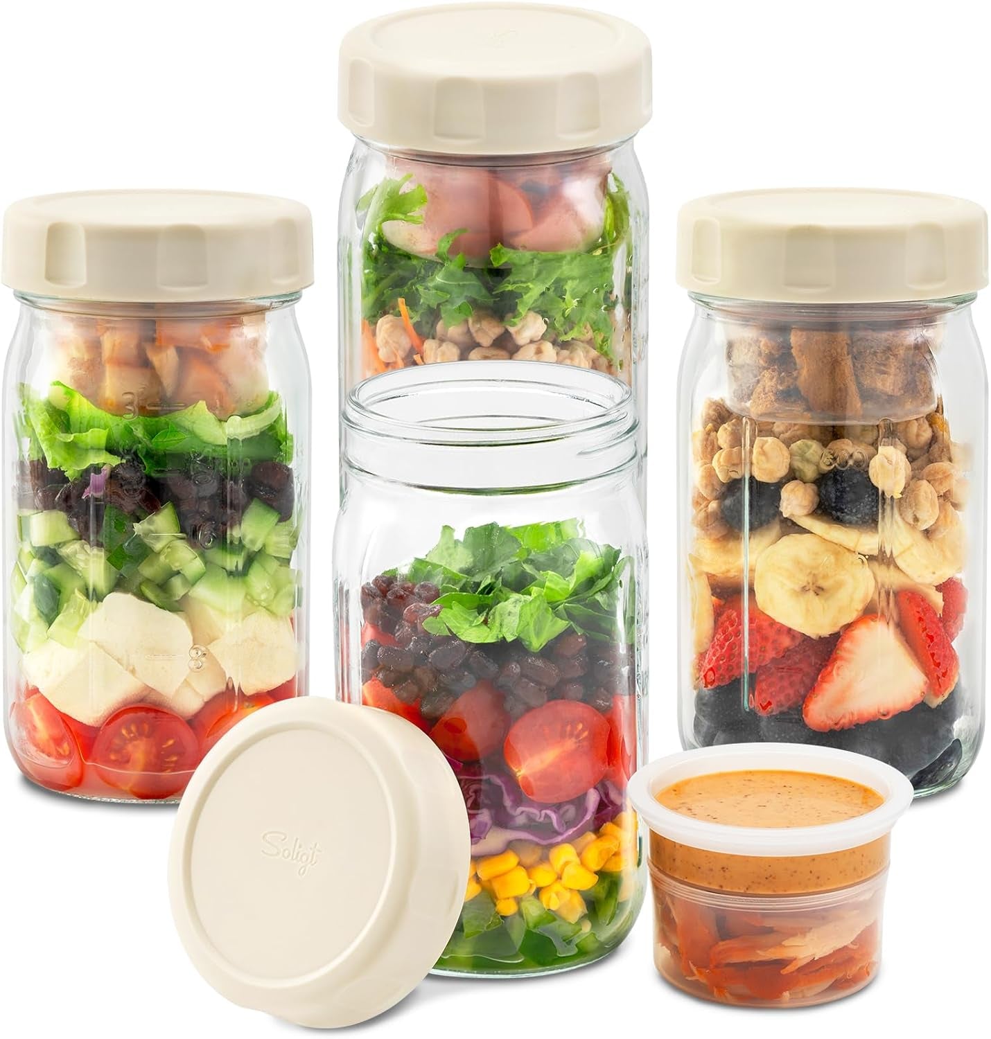 4 Pack Glass Salad Jars with Lids Meal Prep, Leakproof Container for Lunch, Two Small Built-In Boxes with Wet/Dry Separation for Salad Dressing and Dry Ingredients, 32Oz Mason Jars