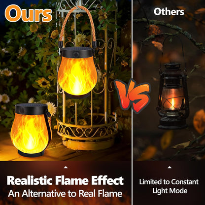 Solar Lanterns Outdoor Lights, 2 Pack Waterproof Flickering Flame Hanging Lanterns with 2 Modes, Dual Charging Usb/Solar Solar Lights for Camping Patio Garden Yard Porch Deck Outdoor Decor