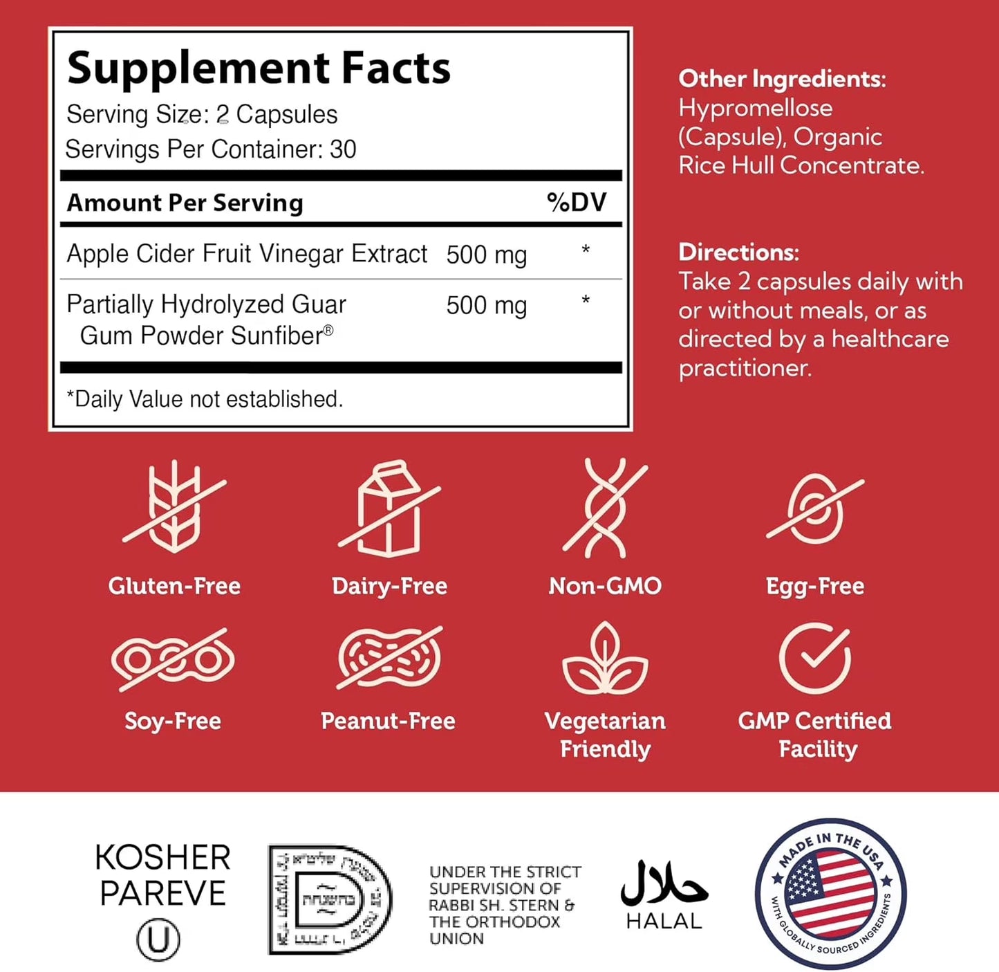 Apple Cider Vinegar Capsules with Fiber Supplement - Cleansing, Digestive and Metabolic Support - Healthy Diet and Appetite - Kosher Apple Cider Vinegar Pills - Non GMO ACV Capsules - 60 Count