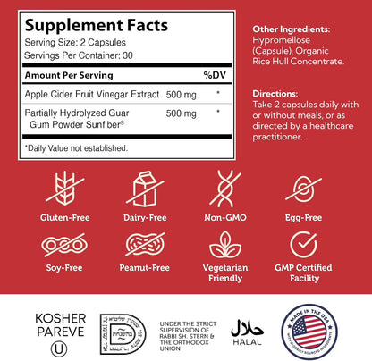 Apple Cider Vinegar Capsules with Fiber Supplement - Cleansing, Digestive and Metabolic Support - Healthy Diet and Appetite - Kosher Apple Cider Vinegar Pills - Non GMO ACV Capsules - 60 Count