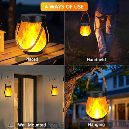 Solar Lanterns Outdoor Lights, 2 Pack Waterproof Flickering Flame Hanging Lanterns with 2 Modes, Dual Charging Usb/Solar Solar Lights for Camping Patio Garden Yard Porch Deck Outdoor Decor