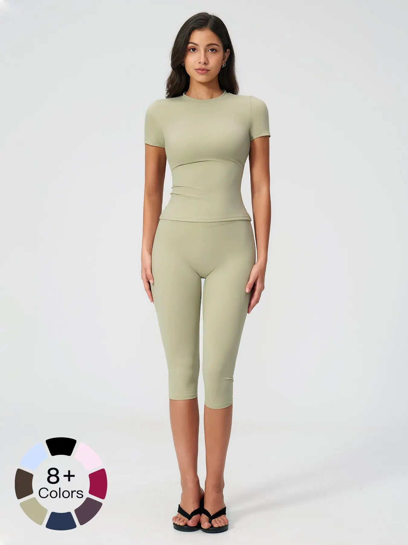 Breathable Tight Yoga Set, Quick-Dry Fitness Wear, Versatile Short Sleeve Tee & High Waist Capri Pants, Sporty Outfit for All Seasons, Solid Sports Sets