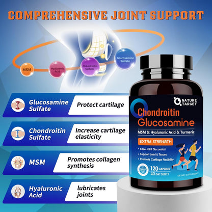 Glucosamine Chondroitin MSM, Joint Support Supplement, Shellfish Free, Turmeric Boswellia, Hyaluronic Acid, Collagen, Calium for Cartilage and Bone Health,120 Capsules, 40 Servings