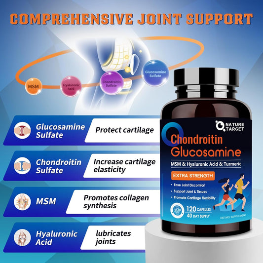 Glucosamine Chondroitin MSM, Joint Support Supplement, Shellfish Free, Turmeric Boswellia, Hyaluronic Acid, Collagen, Calium for Cartilage and Bone Health,120 Capsules, 40 Servings
