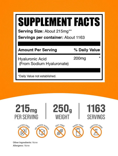 Bulksupplements Hyaluronic Acid Powder - 215Mg per Serving - 250 Grams (8.8 Oz) - 1163 Servings