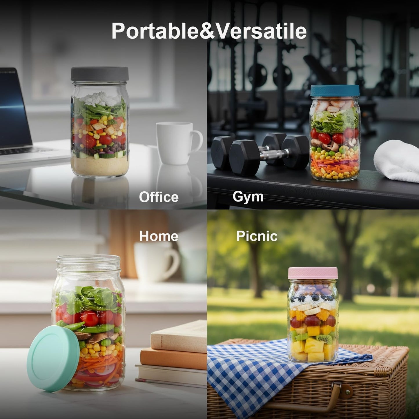 32Oz Glass Salad Jars for Meal Prep 4-Pack, round Mason Salad Jars with Dressing Cup & Leakproof Lid, Anti-Soggy Salad Shaker for Office & Fitness, Precision Portion Control, Wellness
