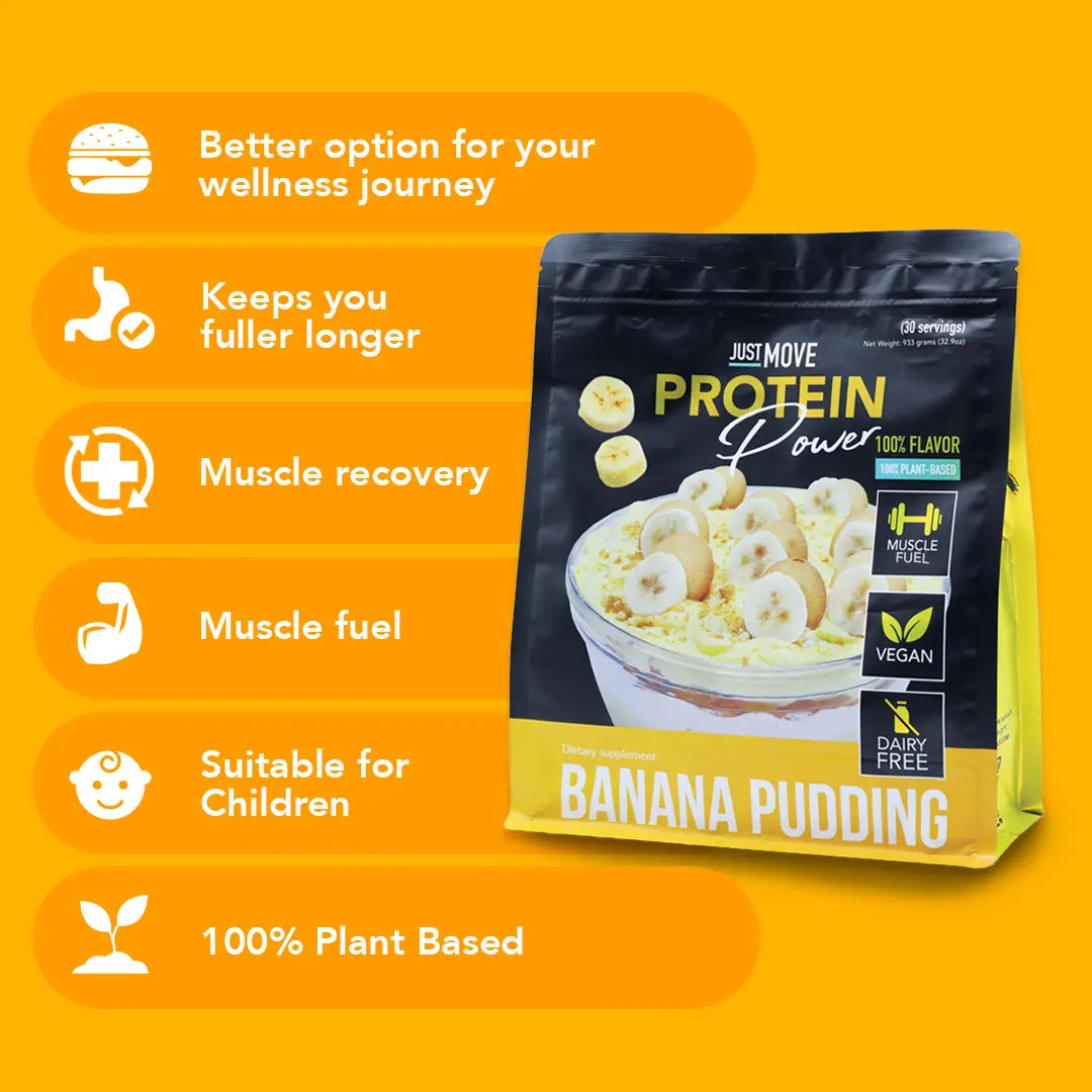Just Move Protein - Banana Pudding - Vegan (Plant Based) Organic, Dairy Free, Soy Free, Gluten Free, Keto, Peanut Free, 20G Protein, Low Carb, Non GMO Supplements Fitness Dietary Supplement Loaded Workout Nutrition Powder Dessert Flavor Healthy Fruit