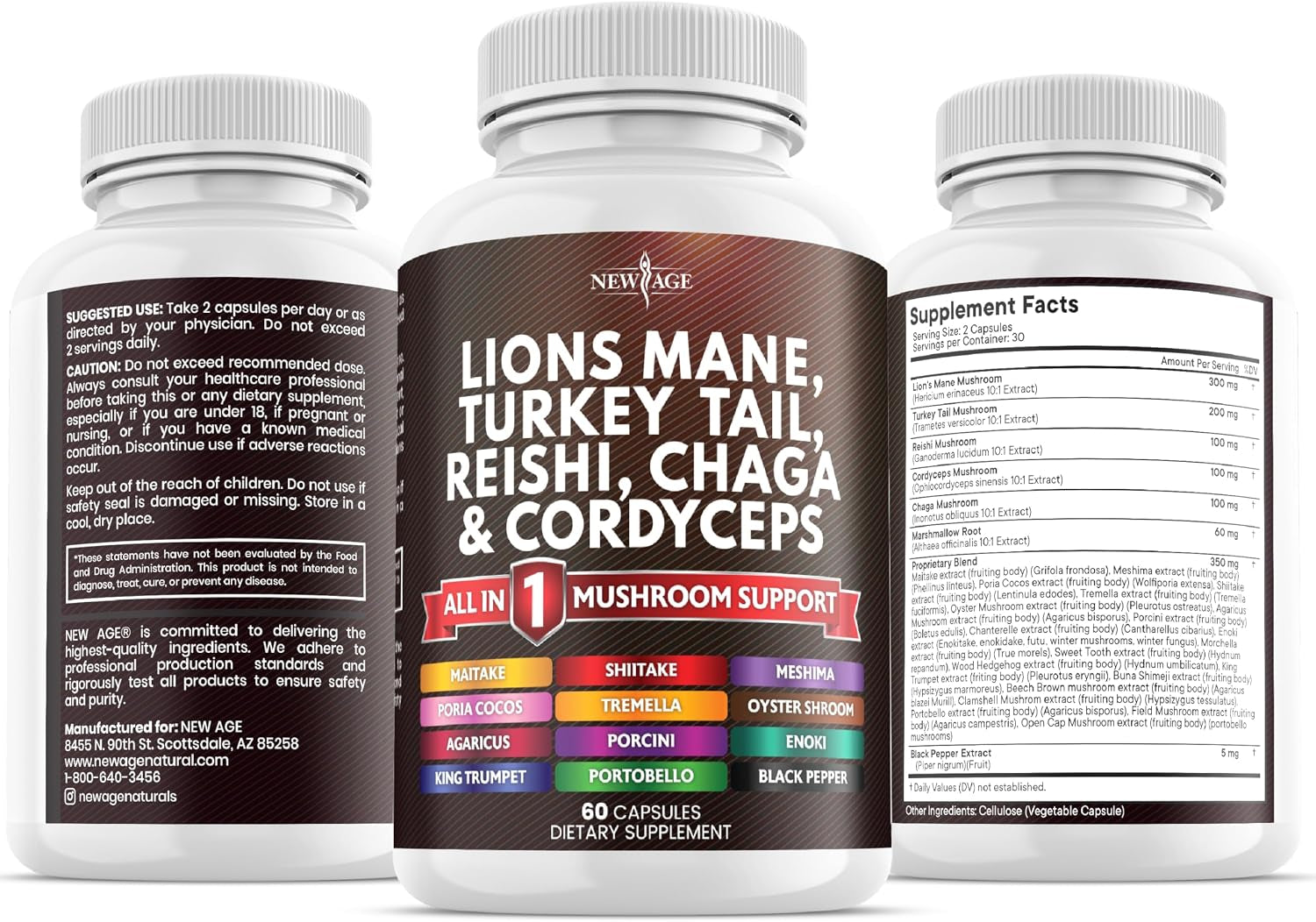 Lions Mane Mushroom Supplement with Turkey Tail Reishi Cordyceps Chaga with Marshmallow Root - 120 Count