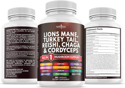 Lions Mane Mushroom Supplement with Turkey Tail Reishi Cordyceps Chaga with Marshmallow Root - 120 Count