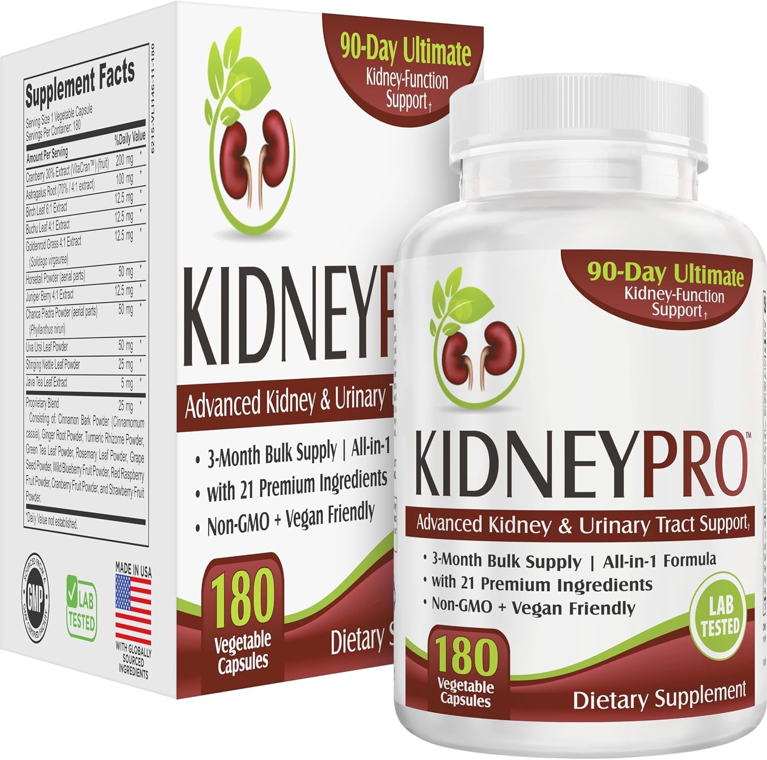 Kidney-Pro (3-Month) with 21 Kidney Support Supplements in 1 Formula | Men & Women | Health Supplement Complex | 90-Day Bulk Supply | 180 Capsules