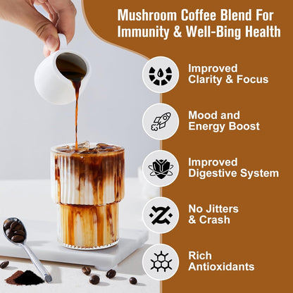Mushroom Coffee -10 Mushroom Instant Coffee Powder with Lion'S Mane, Reishi, Chaga, Cordyceps, and Turkey Tail | Mushroom Coffee Alternative for Immune Boost, Mental Clarity & Focus, Digestion Health