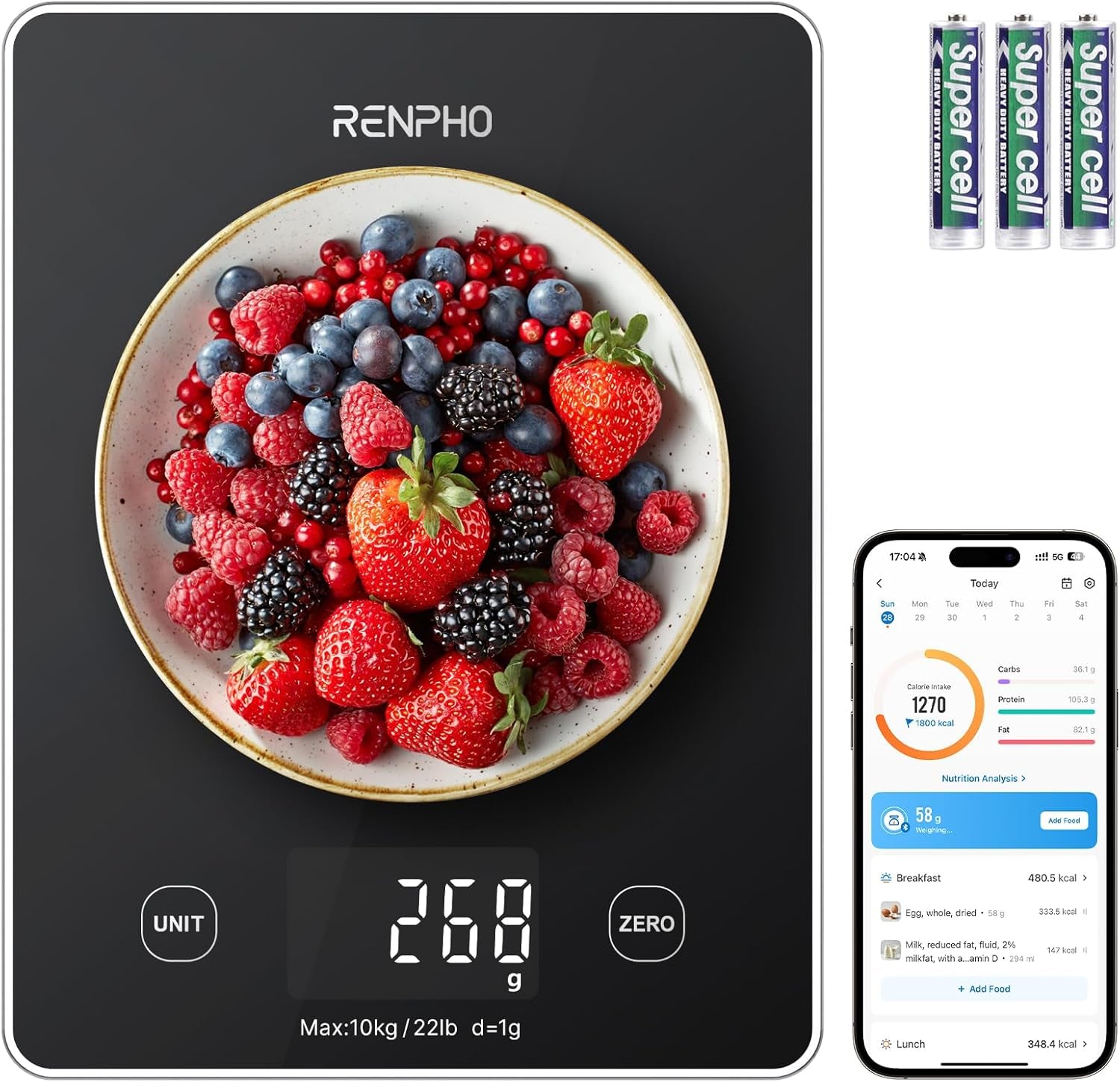 RENPHO Digital Kitchen Scale, Smart Food Weight Scale with Nutritional Calculator, Gram Scale for Weight Loss Cooking Baking Keto Macro Diet, Black Glass, 22Lb/10Kg