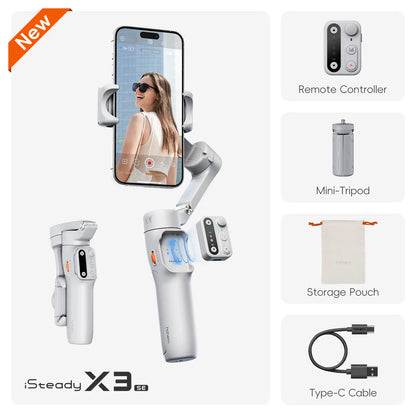 Hohem Isteady X3 SE Gimbal Stabilizer for Iphone & Android, Smartphone Foldable Gimbal with Detachable Remote Control, Portable Foldable 3-Axis Phone Gimbal for Android & Iphone17 Series, Ideal for Travel Vlogging