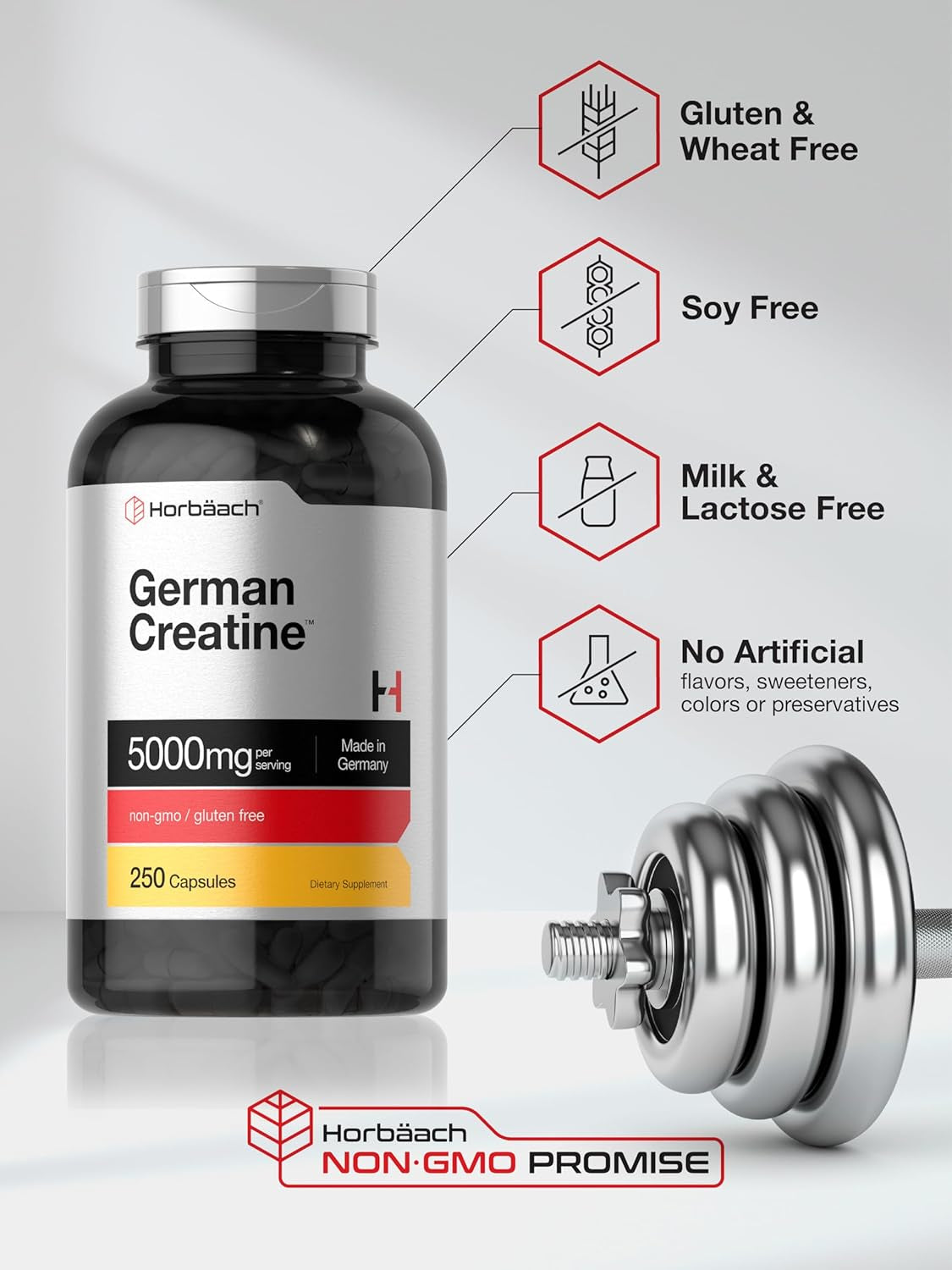 Horbaach German Creatine Monohydrate | 5000Mg | 250 Powder Capsules | Non-Gmo & Gluten Free Supplement