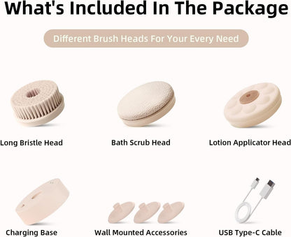 Electric Body Brush Back Scrubber for Shower, Waterproof Long Dual Handle Body Scrubber with 3 Heads, Bath Brush & 2 Speeds, for Cleansing, Exfoliating and Massaging Skin, Chrysanth Pink