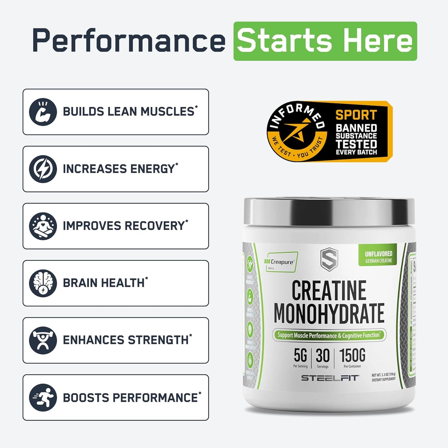 Creapure Creatine Monohydrate Powder - German Creatine Powder for Men & Women - Gym Workout Nutritional Supplements for Muscle Gain, Brain Health & Strength Building, 5G per Serv, 30 Servings