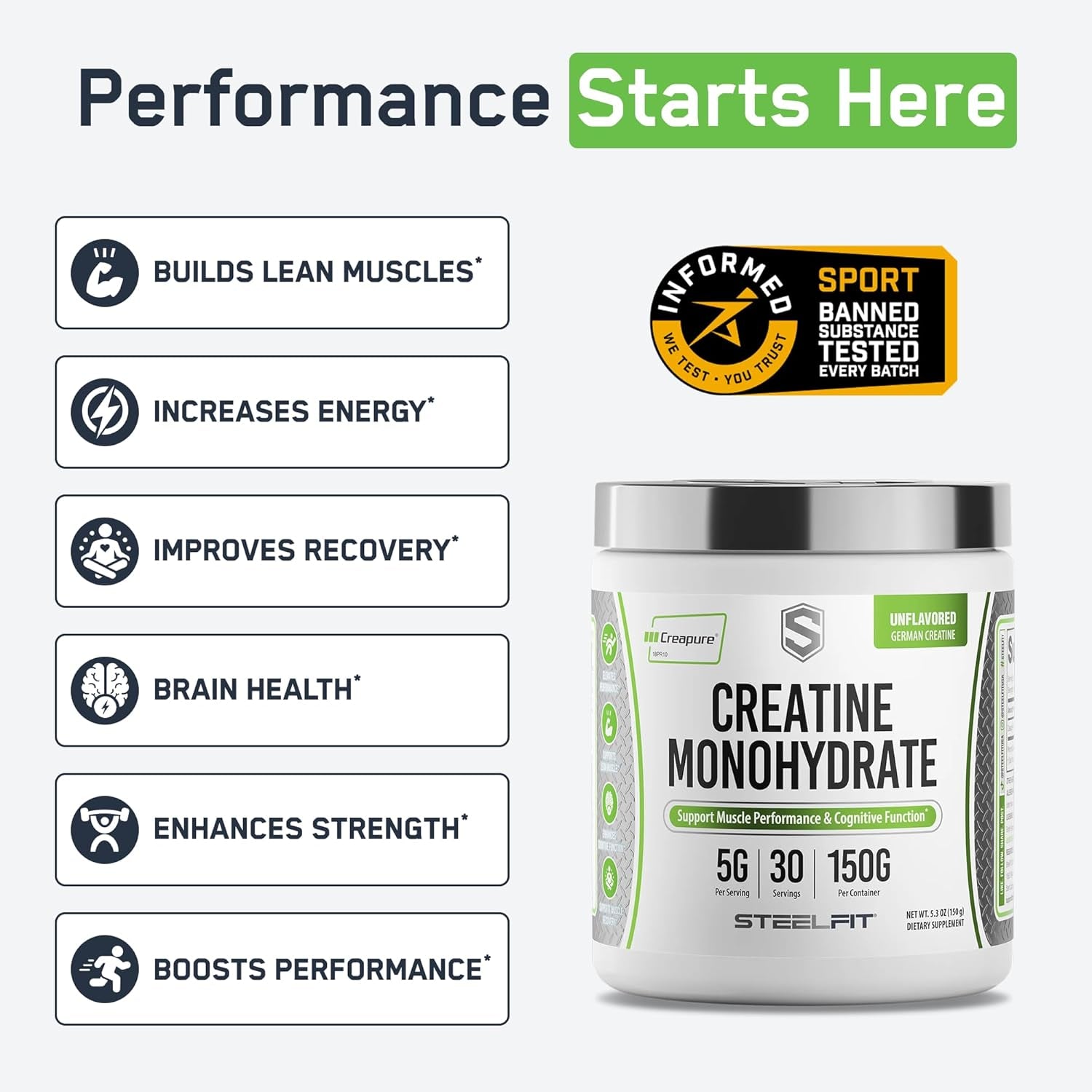 Creapure Creatine Monohydrate Powder - German Creatine Powder for Men & Women - Gym Workout Nutritional Supplements for Muscle Gain, Brain Health & Strength Building, 5G per Serv, 30 Servings