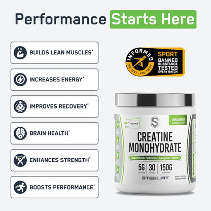 Creapure Creatine Monohydrate Powder - German Creatine Powder for Men & Women - Gym Workout Nutritional Supplements for Muscle Gain, Brain Health & Strength Building, 5G per Serv, 30 Servings