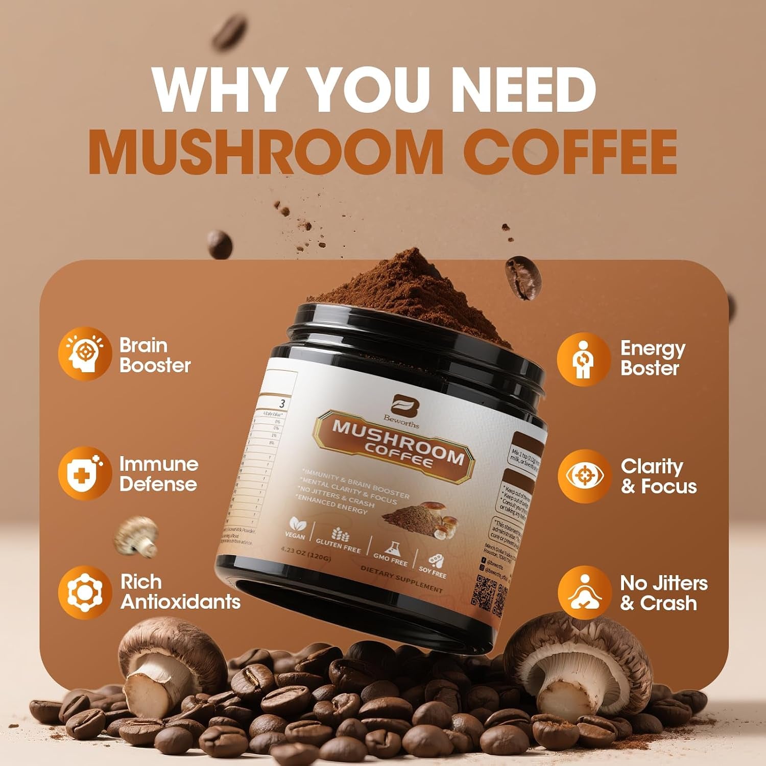 Mushroom Coffee -10 Mushroom Instant Coffee Powder with Lion'S Mane, Reishi, Chaga, Cordyceps, and Turkey Tail | Mushroom Coffee Alternative for Immune Boost, Mental Clarity & Focus, Digestion Health