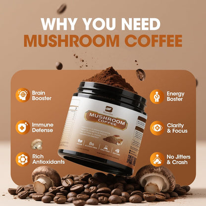 Mushroom Coffee -10 Mushroom Instant Coffee Powder with Lion'S Mane, Reishi, Chaga, Cordyceps, and Turkey Tail | Mushroom Coffee Alternative for Immune Boost, Mental Clarity & Focus, Digestion Health