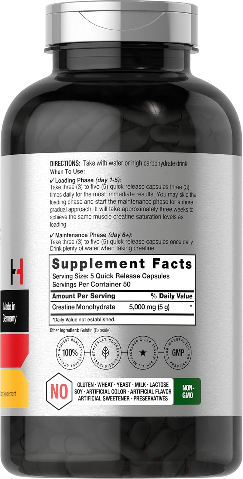 Horbaach German Creatine Monohydrate | 5000Mg | 250 Powder Capsules | Non-Gmo & Gluten Free Supplement
