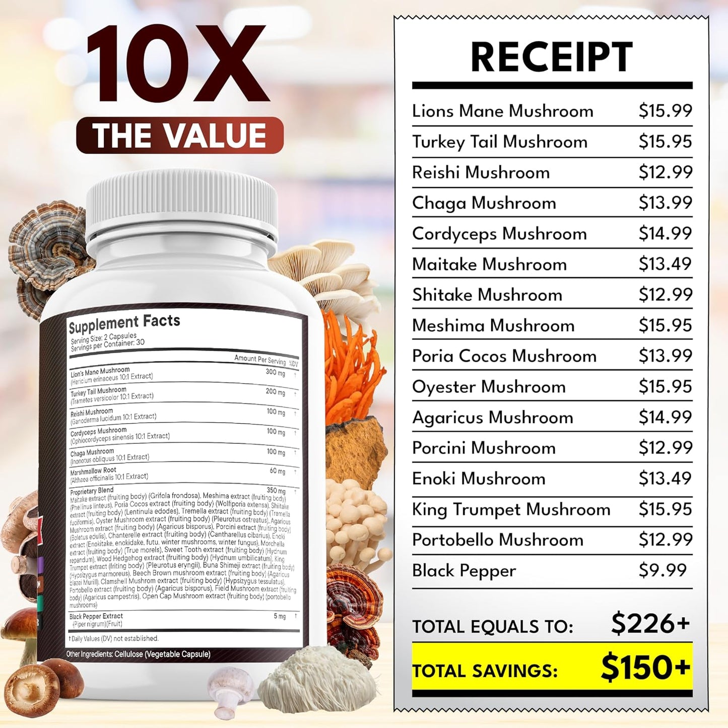Lions Mane Mushroom Supplement with Turkey Tail Reishi Cordyceps Chaga with Marshmallow Root - 120 Count