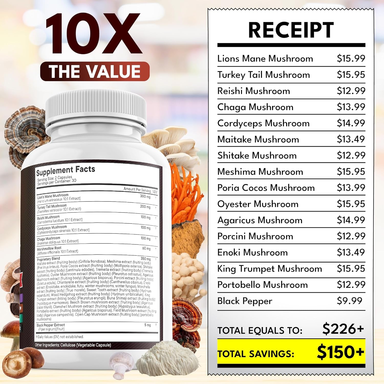 Lions Mane Mushroom Supplement with Turkey Tail Reishi Cordyceps Chaga with Marshmallow Root - 120 Count