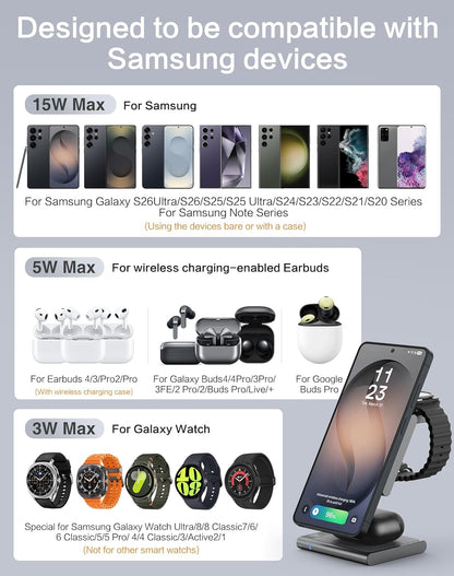 4 in 1 Wireless Charging Station for Samsung, Foldable Aluminum Magnetic Charger with LED Light for Samsung Galaxy S25/Ultra/S24/S23/S22, Galaxy Watch 8/7/6/5, Galaxy Buds/Pro