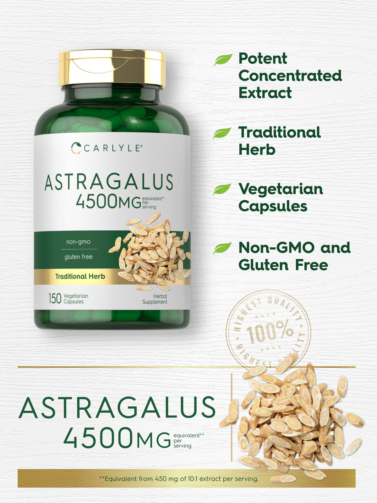 Astragalus Capsules 4500Mg | 150 Count | Vegetarian, Non-Gmo | by Carlyle