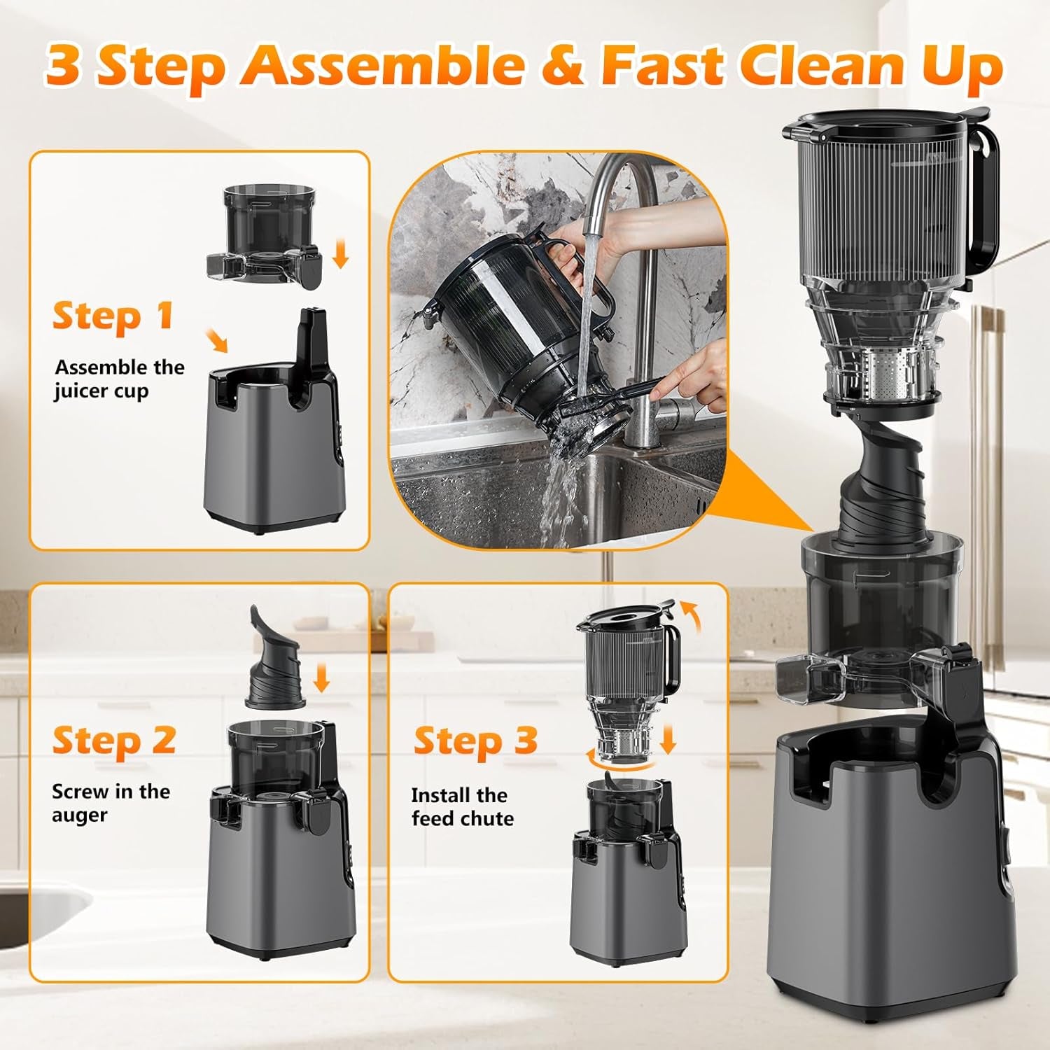 Juicer Machines with 5.8" Large Chute, 2-In-1 Cold Press Juicer for Whole Vegetables Fruits 400W, Masticating Juicer Easy to Clean Juice Extractor Machine for Making Nut Mike, Juice, Premium Gray