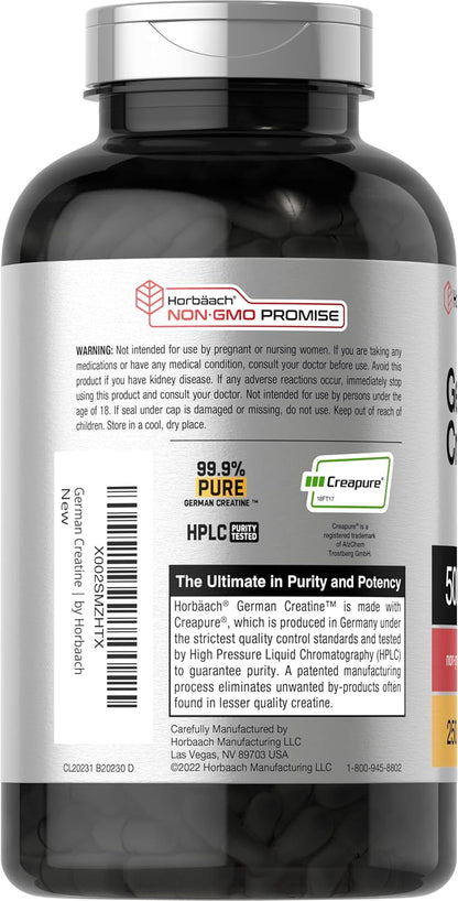 Horbaach German Creatine Monohydrate | 5000Mg | 250 Powder Capsules | Non-Gmo & Gluten Free Supplement
