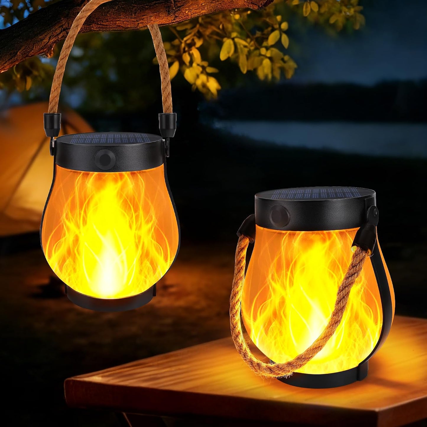 Solar Lanterns Outdoor Lights, 2 Pack Waterproof Flickering Flame Hanging Lanterns with 2 Modes, Dual Charging Usb/Solar Solar Lights for Camping Patio Garden Yard Porch Deck Outdoor Decor
