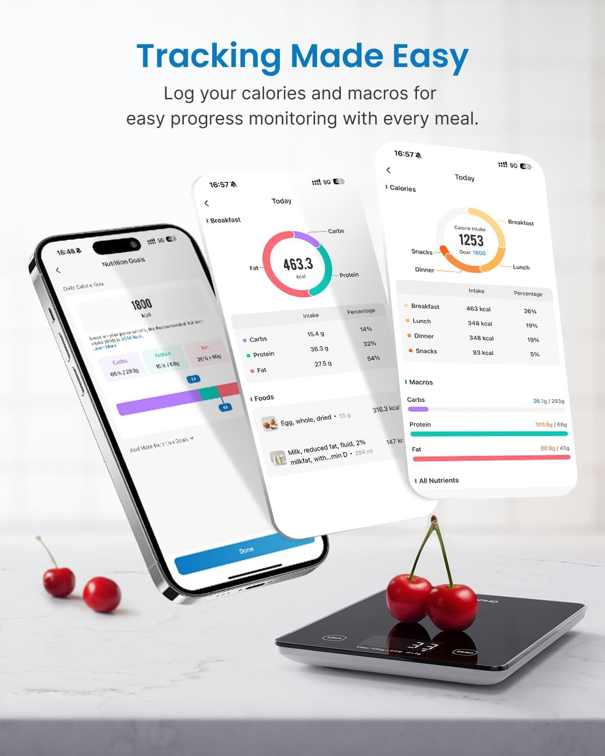 RENPHO Digital Kitchen Scale, Smart Food Weight Scale with Nutritional Calculator, Gram Scale for Weight Loss Cooking Baking Keto Macro Diet, Black Glass, 22Lb/10Kg